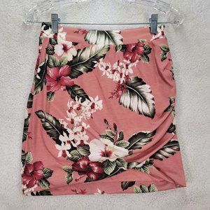 Zara Pink Hibiscus Tropical Floral Pull On Mock Wrap Sexy Colorful Mini Skirt